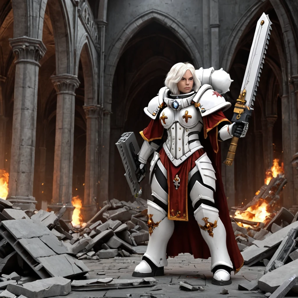 a adepta sororitas power armor, white hair, holding (a 40kchainsword) in her hands  ruined cathedral, fire, rubble, debris, benches, pulpit, altar,  High quality 3D rendering, fantasy, Pixar 3D character design style, ZBrush high-polygon modeling,