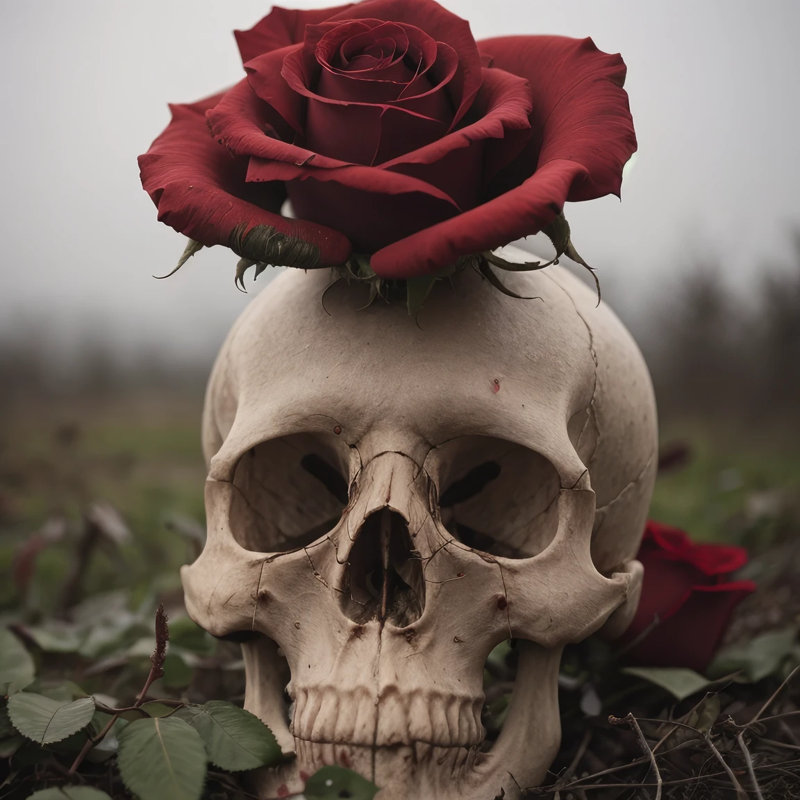 a beautiful red rose breaking trough an overgrown skull , old overgrown skull surface, blood dripping from rose, overcast post apocalyptic sky, cinematic, sharp focus, intricate, dramatic light, (abstract narrative:1.1), Canon EOS 5D Mark IV, high emotional impact, experimental photography