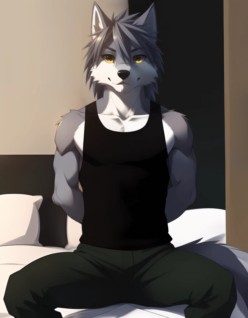 (((detailed eyes, detailed face))), (furry, kouya <lora:character_kouya_findigo_v2:1>, two-tone fur, grey hair, wolf boy, snout, yellow eyes), male, (solo), (plump), (black tank top, sleeveless, green pants), sitting, (arms behind back), smile, (front view) BREAK (konzaburou, ukan_muri, cute), bedroom, (flat shading, high brightness), 8k, UHD, masterpiece, (full body)