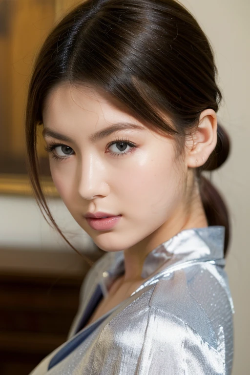(masterpiece,best quality:1.5),ultra realistic,32k,RAW photo,(high detailed skin:1.2), 8k uhd, dslr, soft lighting, high quality, film grain,soft light ,pretty lady, royal style, silver accessories, sexy, ( ), DayGlo yellow buttoned shirt , low ponytail ,(sexy),hwgirl,
<lora:Hwgirl_V21:0.9>,