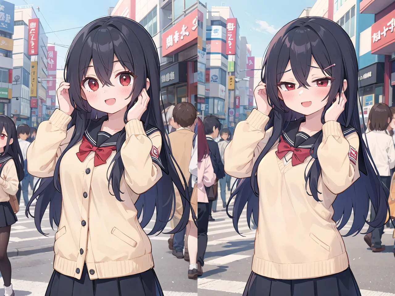 <lora:sensualface_type1_v2:1>
insanely detailed, absurdres, ultra-highres, ultra-detailed, best quality,
1girl, solo, nice hands, perfect hands,
BREAK
(wearing winter school uniform),
happy smile, laugh, open mouth,
cute pose, cowboy shot,
BREAK
slender, kawaii, perfect symmetrical face, ultra cute girl, ultra cute face, ultra detailed eyes, ultra detailed hair, ultra cute, ultra beautiful,
NREAK
in harajuku, shibuya, tokyo, street, crowd, cityscape,
medium breasts
BREAK
(black hair, red eyes), hair between eyes