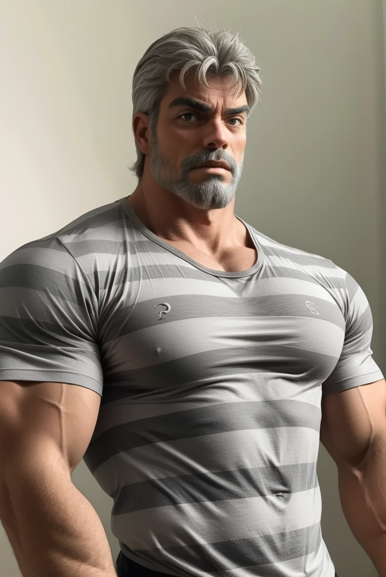 (masterpiece, intricately detailed, highest resolution, best quality:1.2),a cocky Assyrian male model,a 80 y.o muscle dad with a muscular physique sitting on a chair with black eyes,dark-skinned male, huge beard, mutton- chops, wearing custom chest harness made with lithium and kevlar, bracelets, necklace, jewelry, flaccid penis,saggy balls,hairy chest,vascular,muscle striations,soft light,fantastic realism,