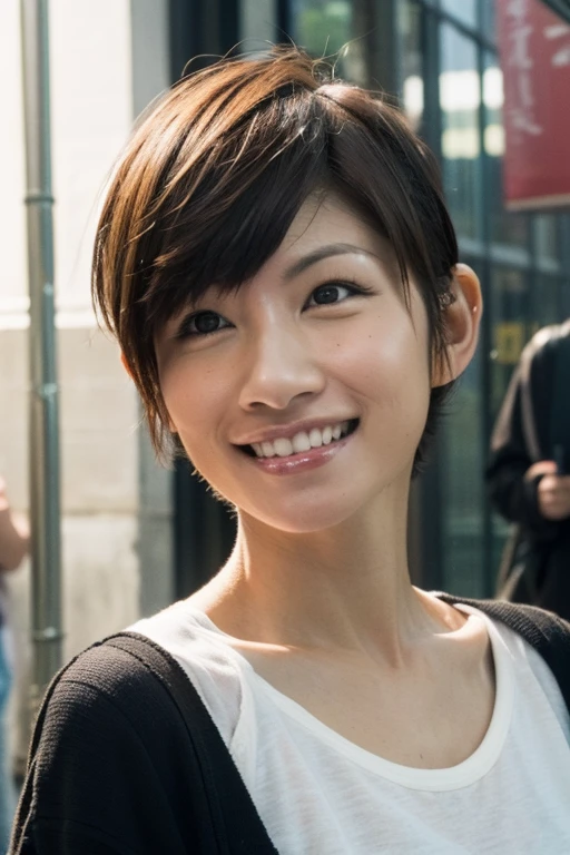Best quality,masterpiece,ultra high res,(photorealistic:1.2),1girl,low key,slim body,taipei street alley,dynamic pose,face closeup,medium breasts,smile,<lora:nana_lee:1>,brown hair,(short hair:1.5),