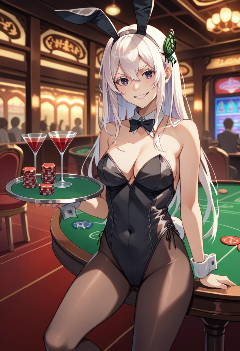 score_9, score_8_up, score_7_up, source_anime, solo, 1girl, rzechidna, smile, looking at viewer, holding tray, white hair, butterfly hair ornament, playboy bunny, black leotard, black pantyhose, indoors, casino <lora:rezero_echidna_ponyXL:1>