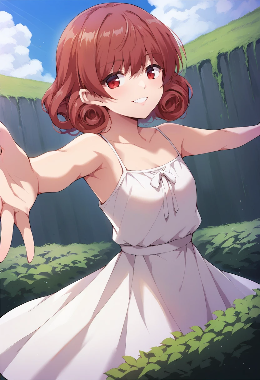 masterpiece, best quality, highres, aakana, short hair, red eyes, <lora:arima_kana_v1:0.7>, sundress, white dress, forest, smile, outstretched arms,