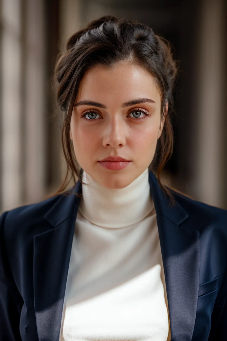1girl, solo, portrait of a woman wearing formal suit with turtleneck, (looking at viewer:1.2), focus on face, symmetrical angle, blurry_background, bokeh, chromatic_aberration, depth_of_field, female focus, photorealistic, soft colors, masterpiece, high quality, (high detailed skin:1.1)
<lora:jennie_jacques_lora_v02:1> jj89