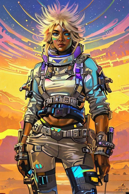 A seasoned, yet breathtaking space cowgirl, etched with the harsh tales of the cosmos, stands resolute against the desolate expanse of Eldorado. Her futuristic, chrome and neon spacesuit, a fusion of cowboy swagger and alien technology, hangs loosely, revealing the off-the-shoulder design beneath. Through the open helmet, a determined face peers out, squinting against the harsh, electric blue sun. A lone, nebula-like star casts a shimmering, violet glow upon her features, highlighting the mix of resilience and contemplation etched in her eyes. The space cowgirl's presence, a stark contrast to the emptiness that surrounds her, embodies the stoic spirit of a pioneer in this forgotten corner of the universe. (Standard rectangles)