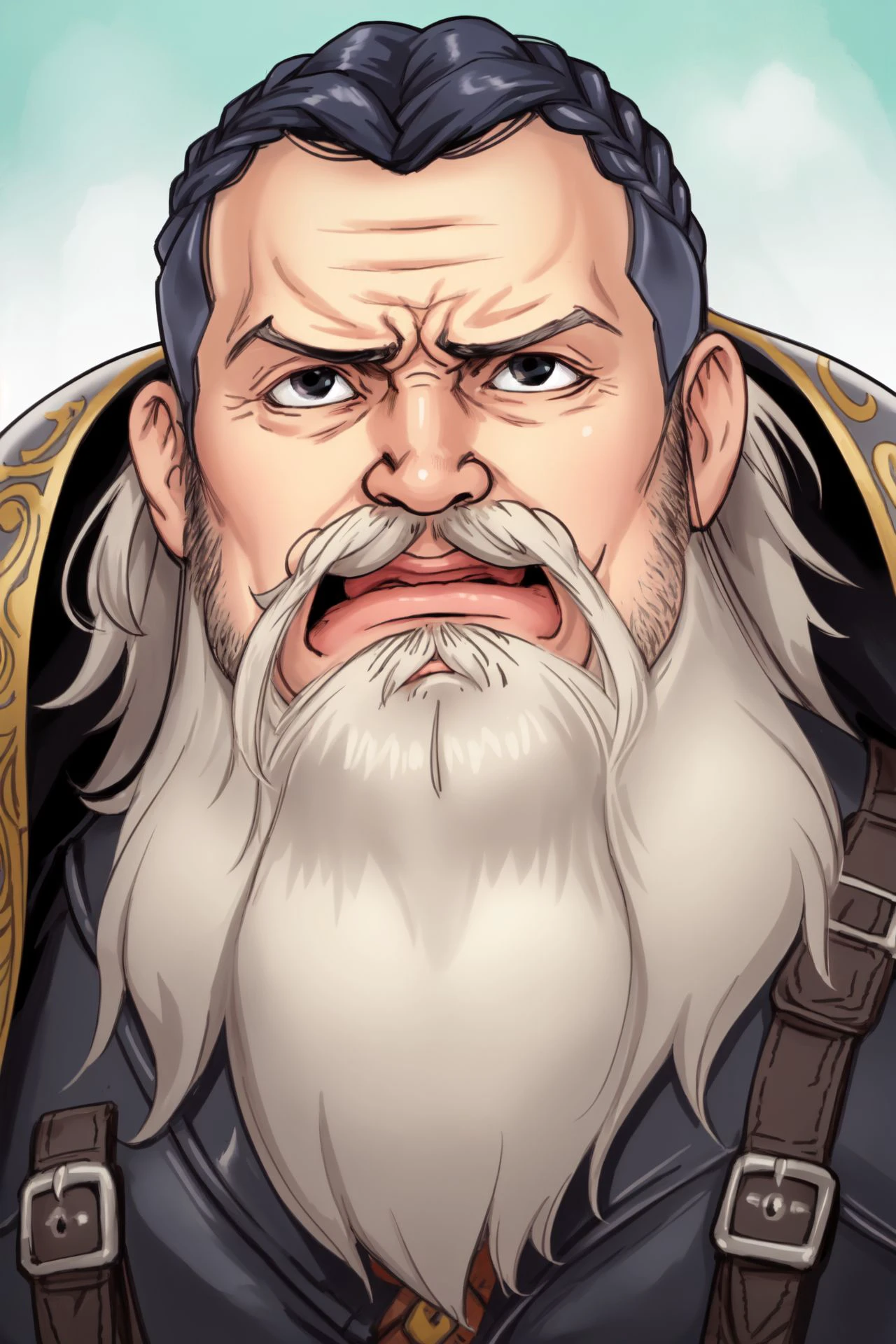 (rpg, dwarf:1.1), 1boy, solo, detailed face, anger, beard, braided beard, looking at viewer, leather armor <lora:Baalbuddy_style_v01.10.10:1>