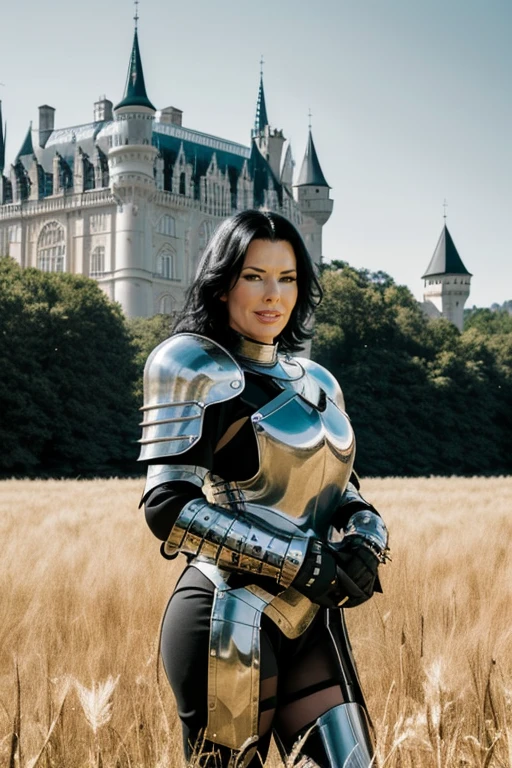 wo_veravluv01, full body shot, A low_res photography of a woman with black hair, skin details, (wearing a knight armor:1.2), posing for the camera, in a field with a castle in the background, 8k, high resolution, (((film grain))), high details, masterpiece, cinematic lighting, intricate, realistic, global illumination, ((by david lazar))<lora:WoVeravluv01Merged:0.850000>