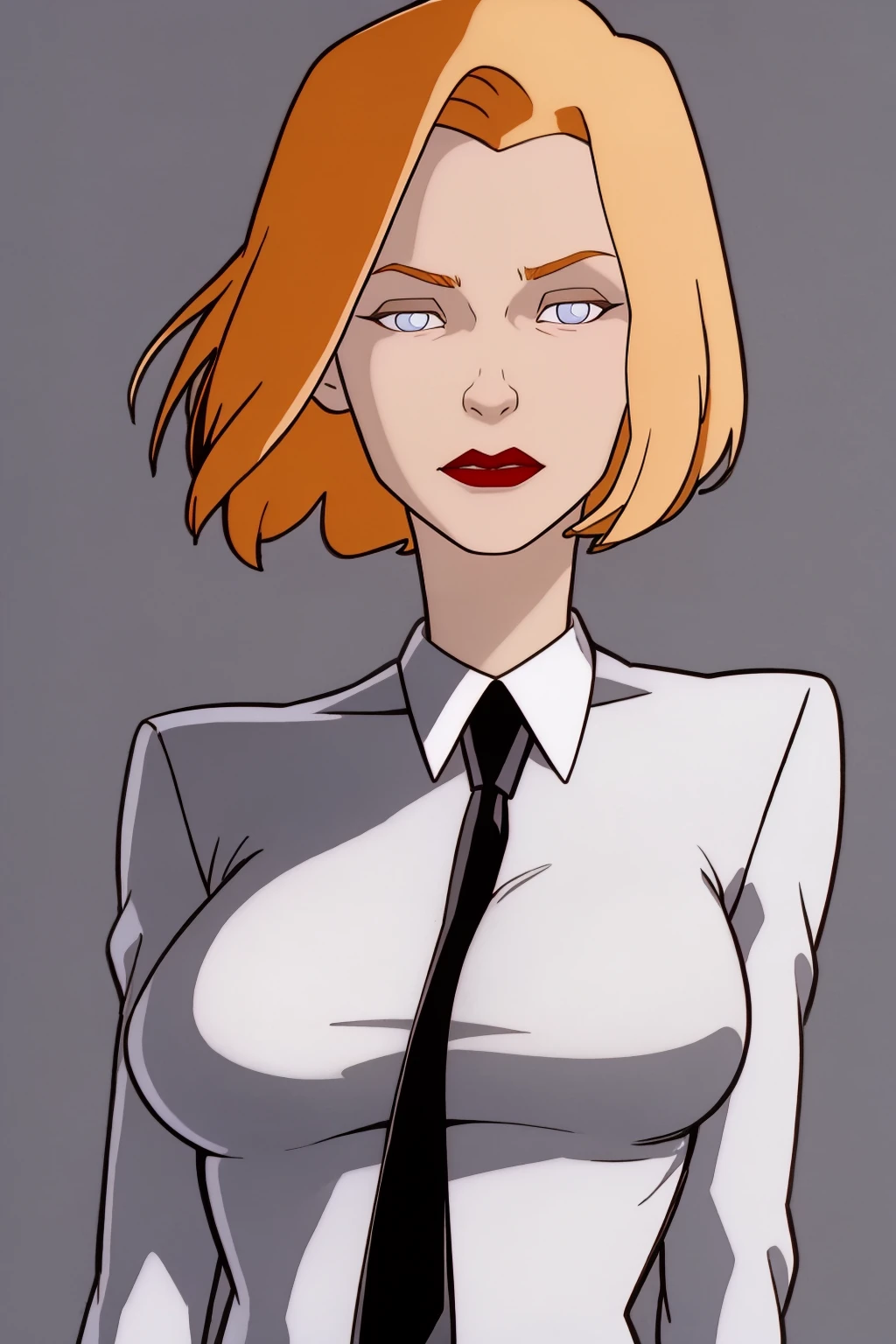masterpiece, best quality,
1girl, agentl, blonde hair, short hair, blue eyes, red lips, makeup, formal, suit, (necktie), white shirt,
upper body, solo, looking at viewer, simple background, solid grey background <lora:AgentL:1>