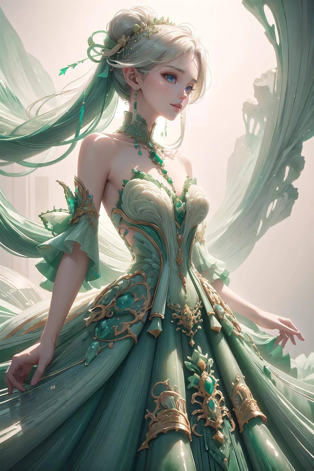 <lora:wrenchjadeluxe:1>, wrenchjadeluxe, 1girl, light smile, gown, long hair, blue eyes, white hair, hair tie, (pointy ears:1.2), (white background:1.3), upper body, layered dress, layered skirt,