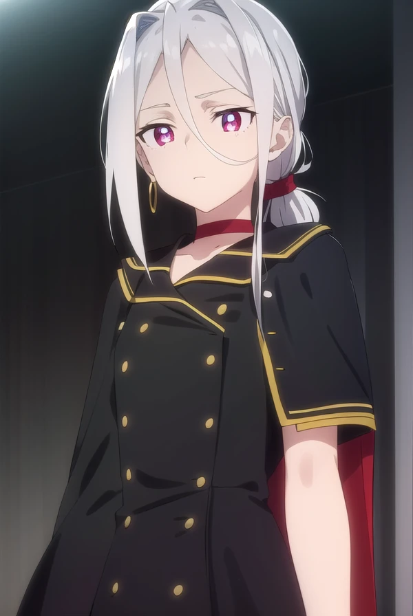 izettasophie, <lora:izetta sophie s1-lora-nochekaiser:1>,
sophie, long hair, bangs, (red eyes:1.3), hair between eyes, ponytail, grey hair, low ponytail, (parted bangs:1.5),
BREAK jewelry, earrings, choker, cape, uniform, military, military uniform, buttons, epaulettes, red choker,
BREAK indoors,
BREAK looking at viewer, dynamic pose,
BREAK <lyco:GoodHands-beta2:1>, (masterpiece:1.2), best quality, high resolution, unity 8k wallpaper, (illustration:0.8), (beautiful detailed eyes:1.6), extremely detailed face, perfect lighting, extremely detailed CG, (perfect hands, perfect anatomy),
