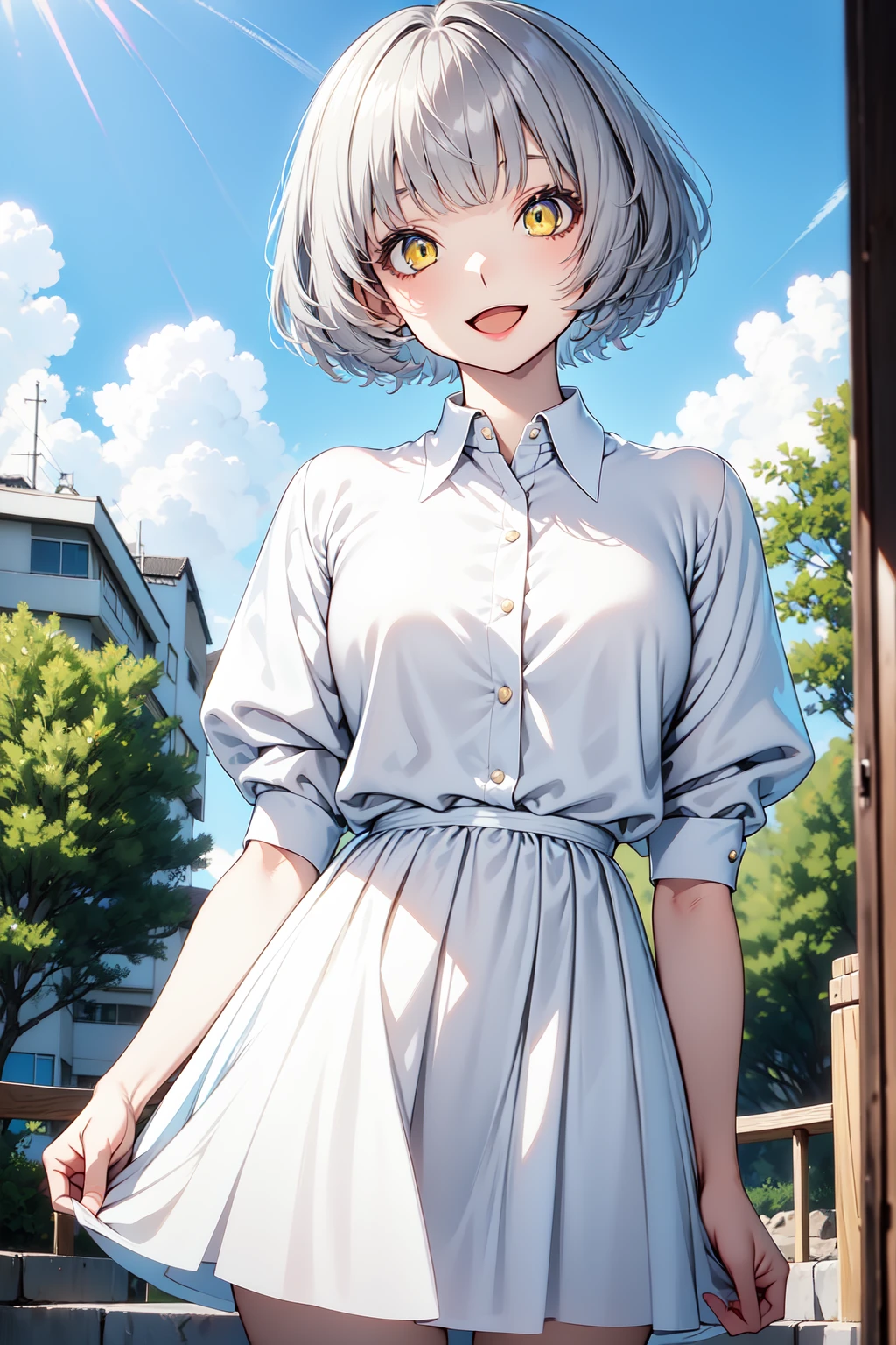 1girl, outdoors, (cowboy shot:1.2), smile, open mouth,
momoshiro_chiyoko, yellow eyes, grey hair, short hair, white shirt, white skirt, <lora:momoshiro_chiyoko_lora_ver1:0.7>, best quality, masterpiece, highres, <lora:GoodHands-vanilla:1>