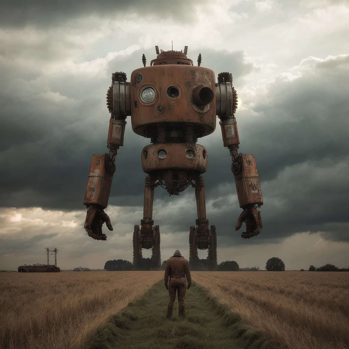 a rusty retro-futuristic robot in a wheat field, stormy godray sky, by simon stalenhag, cinematic, sharp focus, intricate, dramatic light, (abstract narrative:1.1), Canon EOS 5D Mark IV, high emotional impact, experimental photography