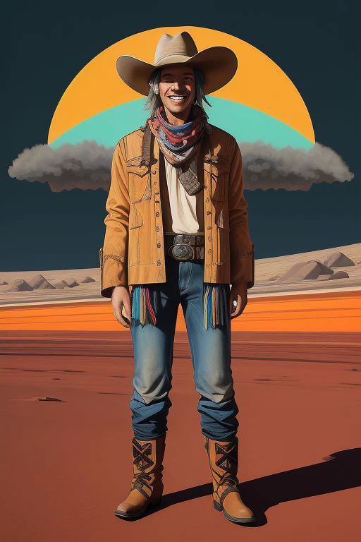 cowboy portrait: young man, confident, weathered face (hint of smile), wide-brimmed hat, bandana, practical cowboy outfit, stands tall overlooking Earth from space (daytime). art style by ashley wood, cowboy, background, colorful, colorful abstract desert old town background, day, fullbody, riffle, high-boots, legs, lips, multiple horse, jeans pants, raw, science fiction, tumbleweed rolling,dusty, abstract storm cloud,  solo, standing, stylize, ultrafine details,