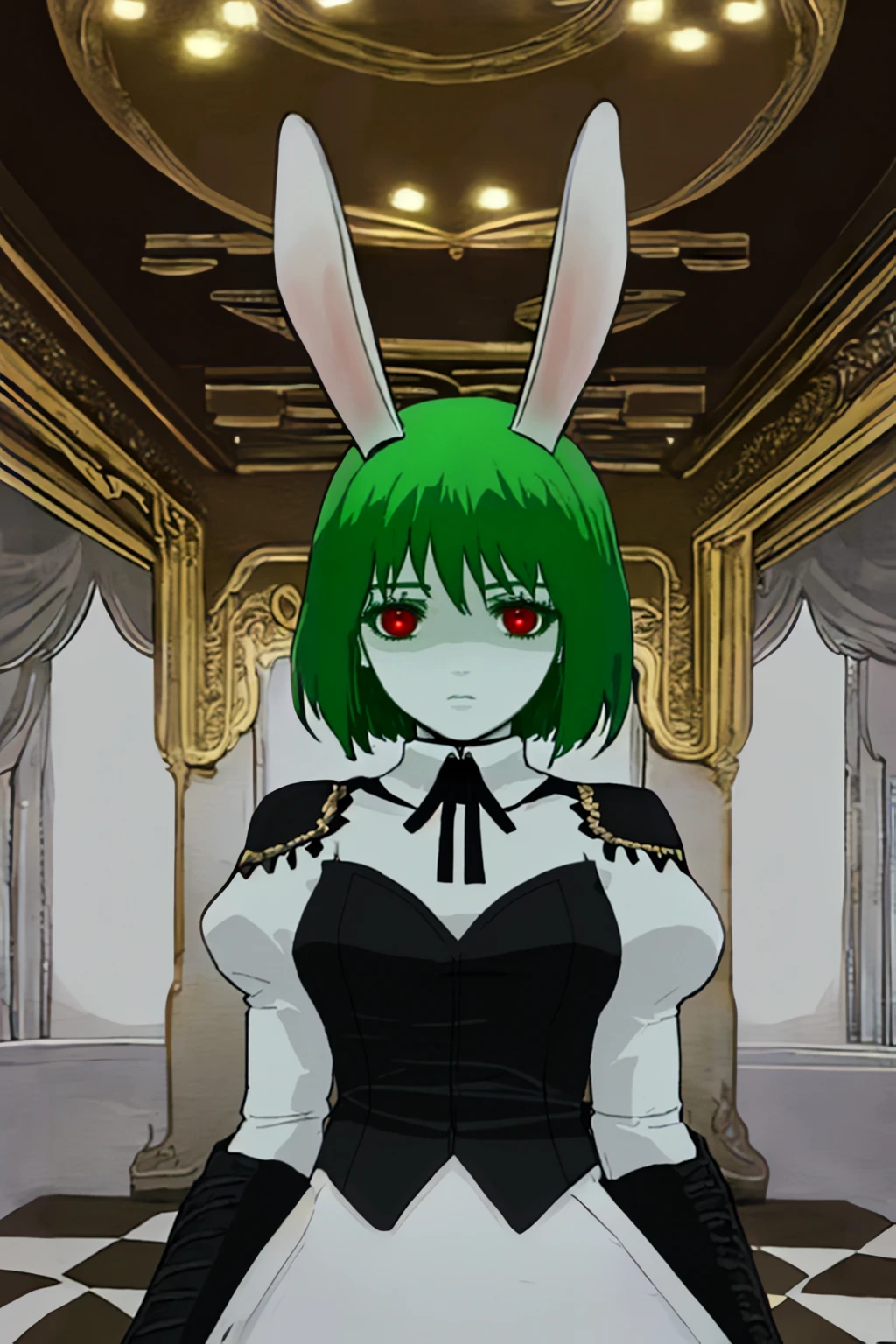 solo, 1girl,  <lora:darpart:0.8>, military uniform, red eyes, green hair, rabbit ears, mechanical arms, pale skin, darpstel, (elaborate atmosphere:1.25)