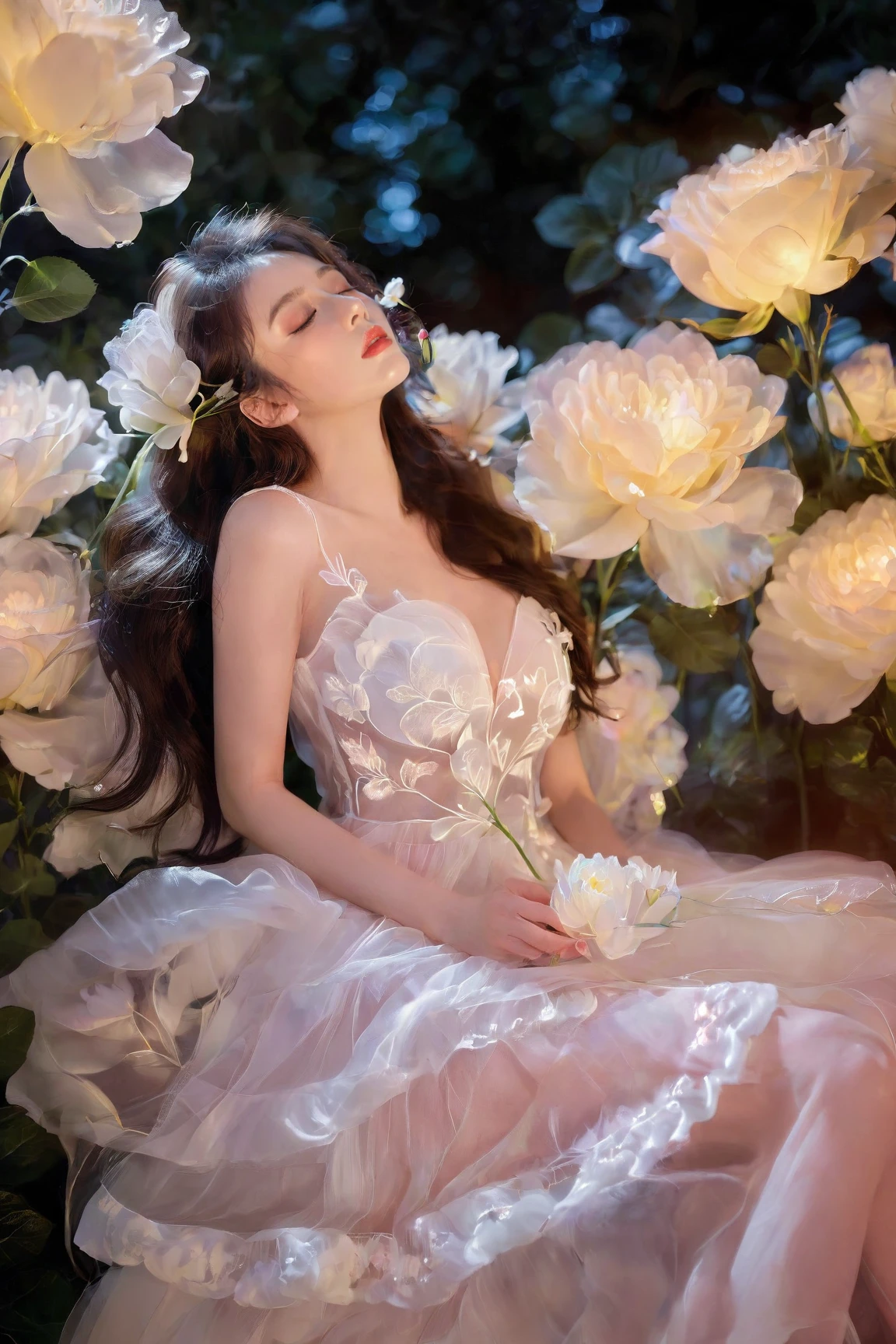 1girl, solo, long hair, brown hair, black hair, dress, closed eyes, flower, white dress, white flower, lips, see-through, makeup, sleeveless dress, white flower, lipstick<lora:EMS-310343-EMS:0.800000>