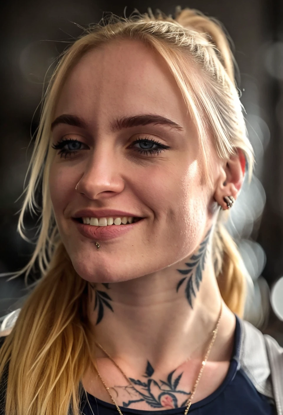 (raw photo of ohwxmo woman), (20 y.o), blonde hair, (pale white skin), (fitness girl), detailed skin, detailed eyes, epiCPhoto, amateur pic, instagram, dslr, (at the weight room:1), dslr, (wears black tight sportswear:1), neck tattoo, (muscular girl, body building:0.5), small chest, <lora:Mila-000011:0.8>, (bokeh:1.2), ponytail, (smiling:1.2), (ohwxmo woman)