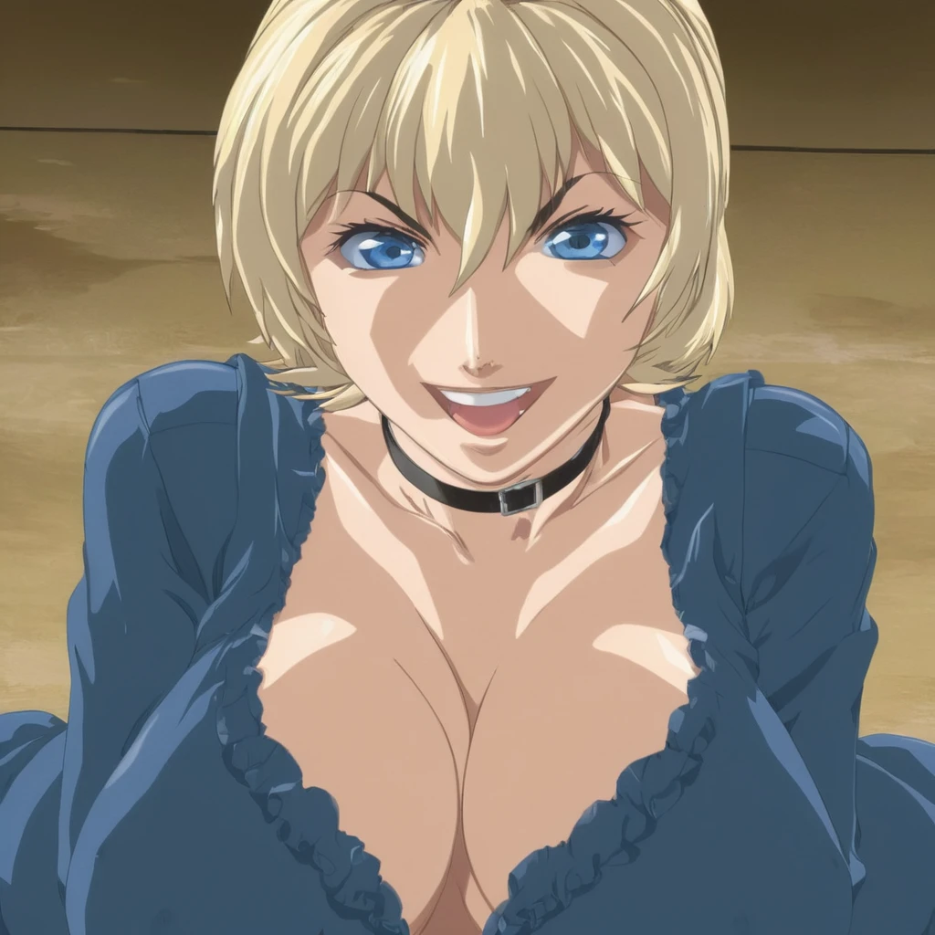 anime artwork of <lora:Jody Crowley:1>
From above, Jody Crowley a woman with blonde hair and a blue shirt,1girl,solo,breasts,smile,short hair,open mouth,blue eyes,blonde hair,large breasts,cleavage,choker ,blonde hair, short hair, eroge,anime,manga,nsfw,cartoon,Adult animation,explicit,Original video animation, Baiburu Burakku style, Bible Black style,villain2, anime style, key visual, vibrant, studio anime, highly detailed