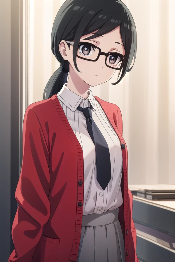sarasatou, <lora:sara satou s1-lora-nochekaiser:1>,
sara satou, long hair, black hair, (black eyes:1.3), ponytail, glasses,
BREAK skirt, shirt, necktie, cardigan, long skirt, (red cardigan:1.2),
BREAK indoors, office,
BREAK looking at viewer, dynamic pose,
BREAK <lyco:GoodHands-beta2:1>, (masterpiece:1.2), best quality, high resolution, unity 8k wallpaper, (illustration:0.8), (beautiful detailed eyes:1.6), extremely detailed face, perfect lighting, extremely detailed CG, (perfect hands, perfect anatomy),