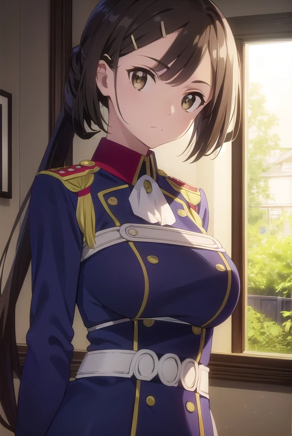 Maki Zenin, uniform,skirt,thigh highs perfect background perfect light, sitting on chair, looking at the viewer, breasts, cleavage, 4k, detailed, masterpiece,