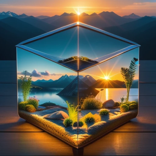 A serene mountain lake at sunset, <lora:Just_In_Case:1>, terrarium