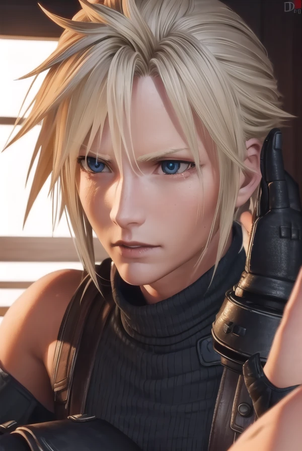 cloudstrife, <lora:cloud strife ingame-lora-nochekaiser:1>,
cloud strife, blonde hair, male focus, spiked hair, (grey eyes:1.3),
BREAK gloves, sleeveless, black gloves, pants, armor, turtleneck,
BREAK outdoors,
BREAK looking at viewer, dynamic pose,
BREAK <lyco:GoodHands-beta2:1>, (masterpiece:1.2), best quality, high resolution, unity 8k wallpaper, (illustration:0.8), (beautiful detailed eyes:1.6), extremely detailed face, perfect lighting, extremely detailed CG, (perfect hands, perfect anatomy),