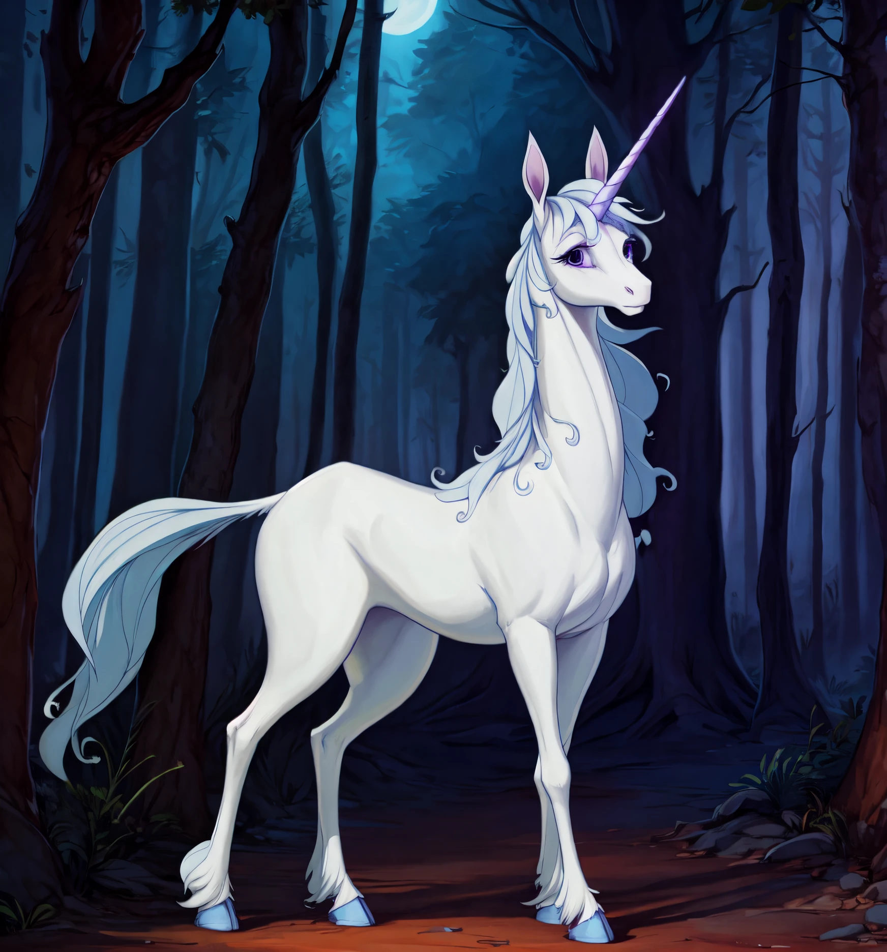 solo, feral, (unicorn), blue hooves, (ankle tuft), Amalthea, (amalthea (tlu)),(the last unicorn ),(large eyes),equine, (purple star on forehead), (thin legs), (one horn), (big eyes), (anime), (mythological equine), (light blue mane), detailed eyes, slender, tall, gracile, (eyelashes ),(purple eyes), curly hair, white body, white coat, (standing), tail, full body view, (front view), (side view:0.5), looking at viewer, day time, sun, green forest, summer forest, magic, (magic glow), in a lush fantasy forest, (best quality),  masterpiece, best quality, 4k, 2k, (high detail),{1-4$$by Faustsketcher|by Jessie Willcox Smith|by Albert Marquet|by Cyril Rolando|by TheSecretCave|by Patto} <lora:Amalthea:0.85>