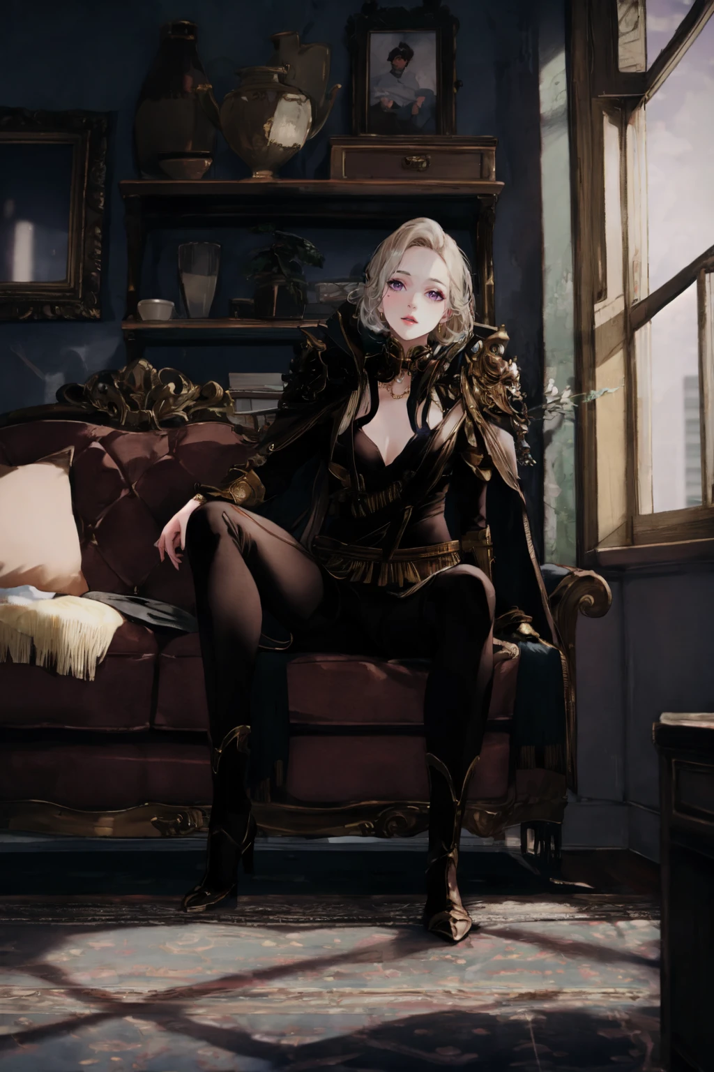 4k, 8k, ultra highres, raw photo in hdr, intricate texture, skin imperfections,detailed skin, realistic, detailed facial features, highly detailed face, perfect lighting,cute,((sitting)),sofa,living room,<lora:LOAOutfit6:0.8> LOAOutfit,cape,black boots,pauldrons,collar