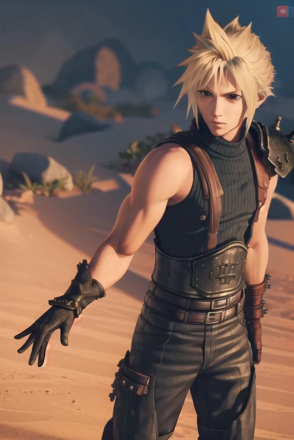 cloudstrife, <lora:cloud strife ingame-lora-nochekaiser:1>,
cloud strife, blonde hair, male focus, spiked hair, (grey eyes:1.3),
BREAK gloves, sleeveless, black gloves, pants, armor, turtleneck,
BREAK outdoors,
BREAK looking at viewer, dynamic pose,
BREAK <lyco:GoodHands-beta2:1>, (masterpiece:1.2), best quality, high resolution, unity 8k wallpaper, (illustration:0.8), (beautiful detailed eyes:1.6), extremely detailed face, perfect lighting, extremely detailed CG, (perfect hands, perfect anatomy),