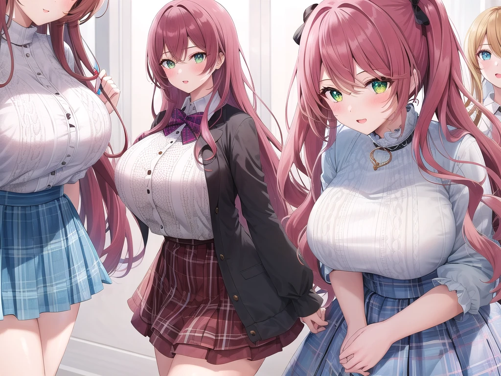 nsfw, masterpiece, best quality, extremely detailed, super fine illustration, 8k cg wallpaper, stunning art, (Four women stand in a circle:1.4), perfect anatomy, (pussy juice:1.2)), ((red bow tie, black jacket, open jacket, white shirt, black skirt, plaid skirt、knee socks)), (Stylish panties with detailed and luxurious decorations:1.3), (white horizontal lace panties:1.3), (pink lace panties:1.3), (Light blue lace panties:1.3), (blue lace panties:1.3), (embarrassed expression, blush:1.2), beautiful big breasts, (Four women lift their skirts to show their panties:1.4), ((Anime CG style))