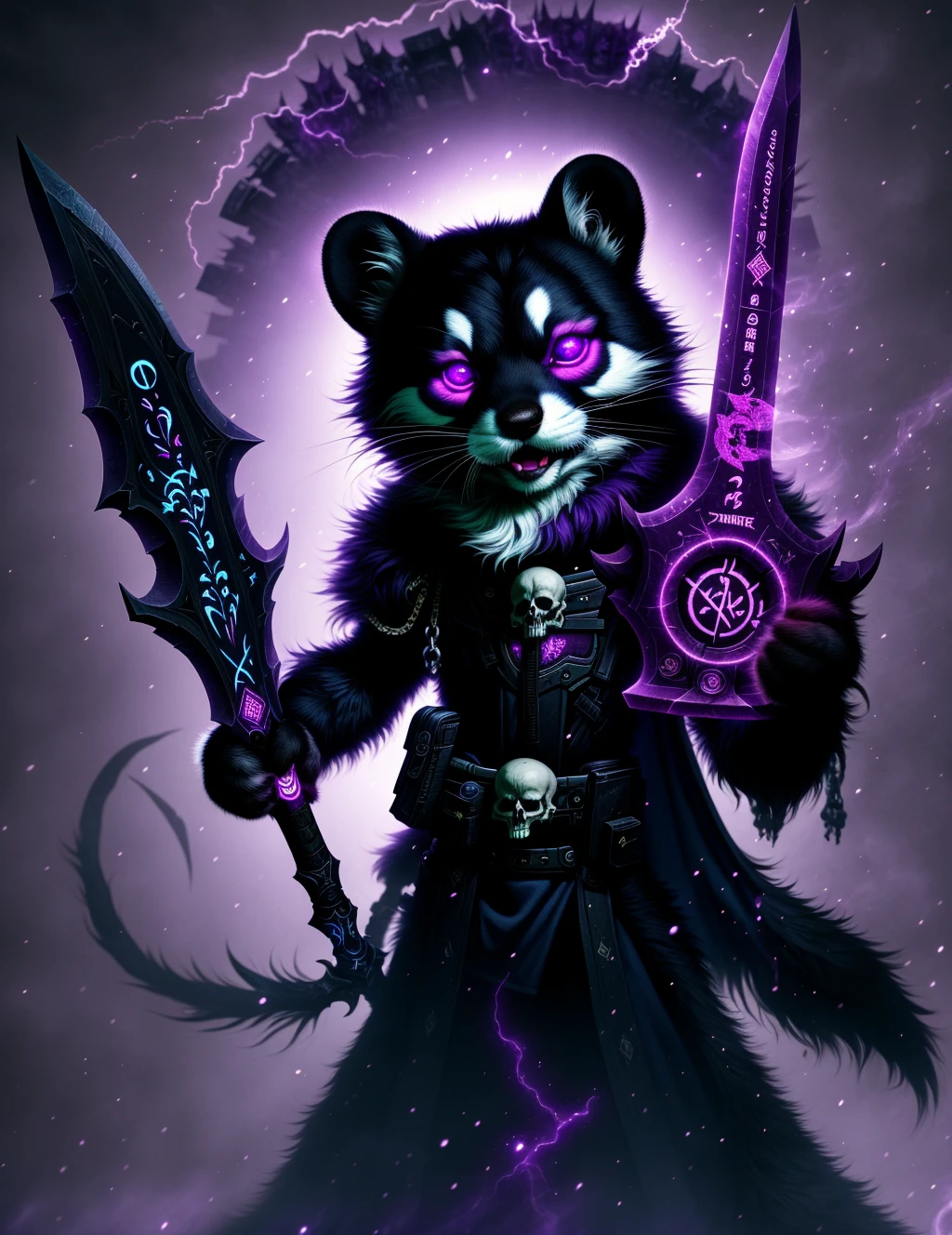 cute anthro ferret, death knight, DonMD34thKn1gh7XL wielding runeblade, purple glowing runes, <lora:DonMRun3Bl4d3-000008:0.85>