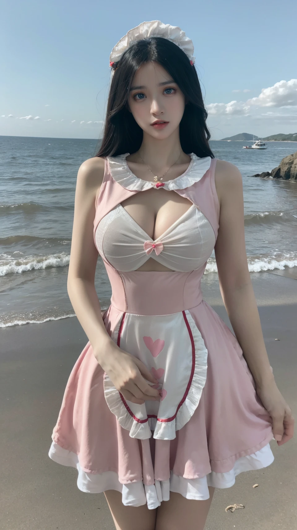 best quality,HDR,UHD,8K,Vivid Colors,solo,photo_,(1girl:1.3),(standing:1.3),(looking at viewer:1.4),Elegant,detailed gorgeous face,(cowboy shot:1.2),(seaside background:1.2),<lora:rc117:0.8>,rc,dress,maid headdress,heart,