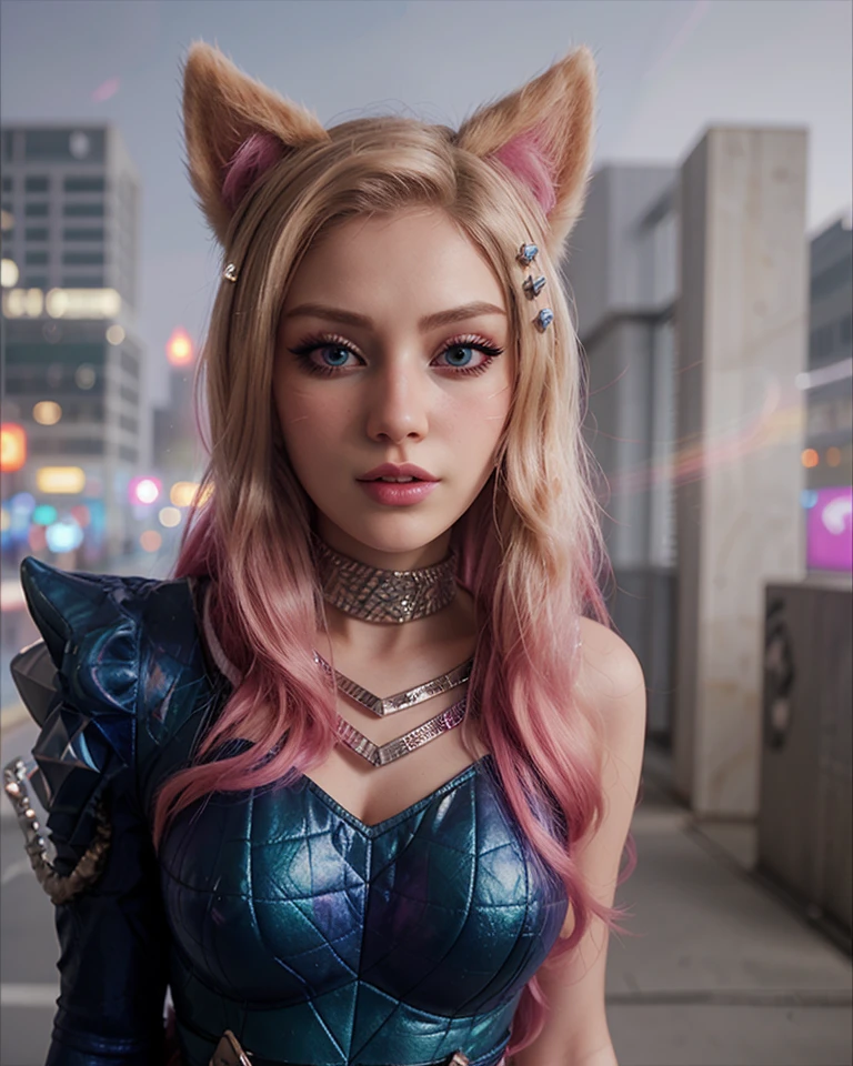 1girl, ahri, fox ears, blonde pink hair, ((official k/da_(league_of_legends))), ((costume)), outdoors, city, road, (close up, headshot, portrait),