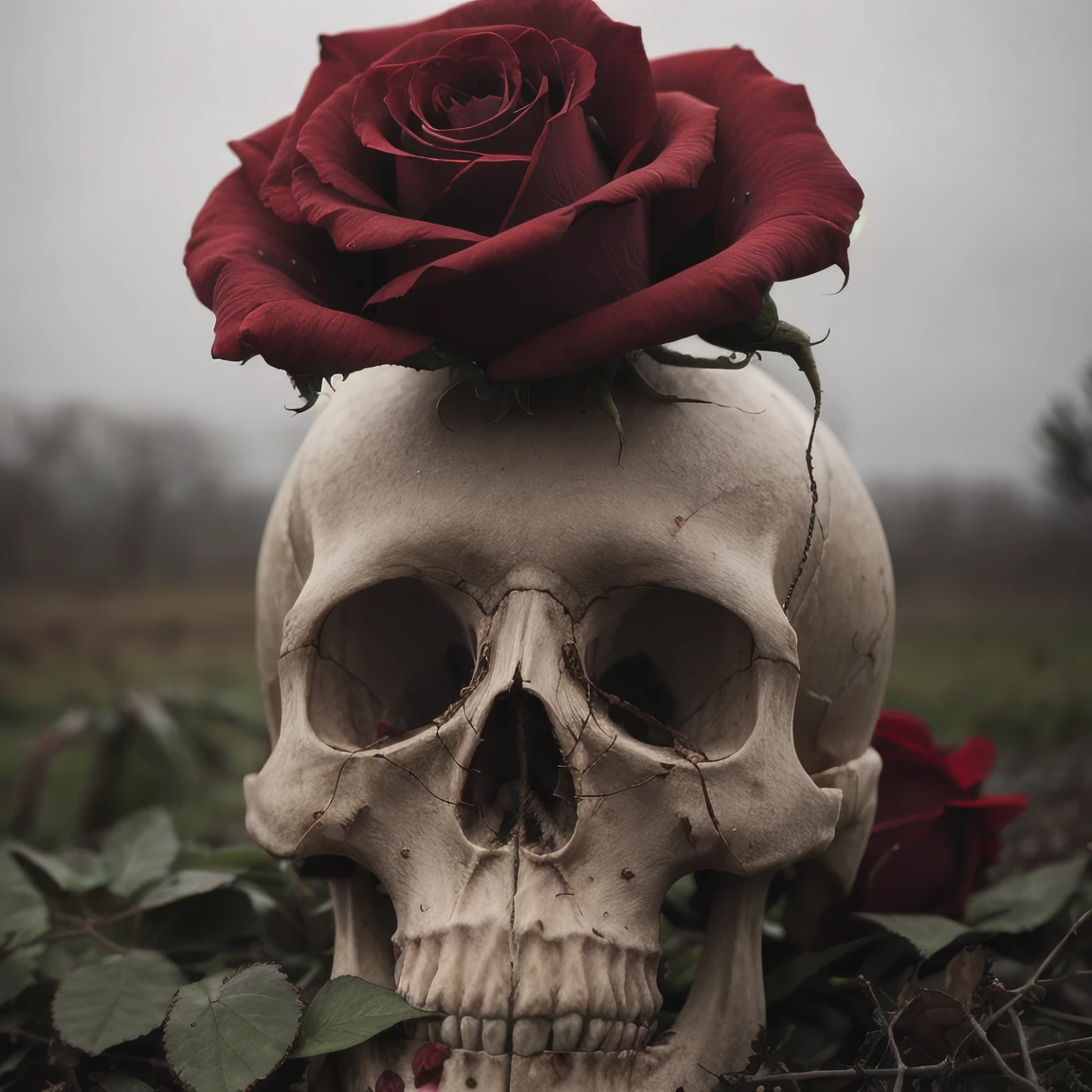 a beautiful red rose breaking trough an overgrown skull , old overgrown skull surface, blood dripping from rose, overcast post apocalyptic sky, cinematic, sharp focus, intricate, dramatic light, (abstract narrative:1.1), Canon EOS 5D Mark IV, high emotional impact, experimental photography