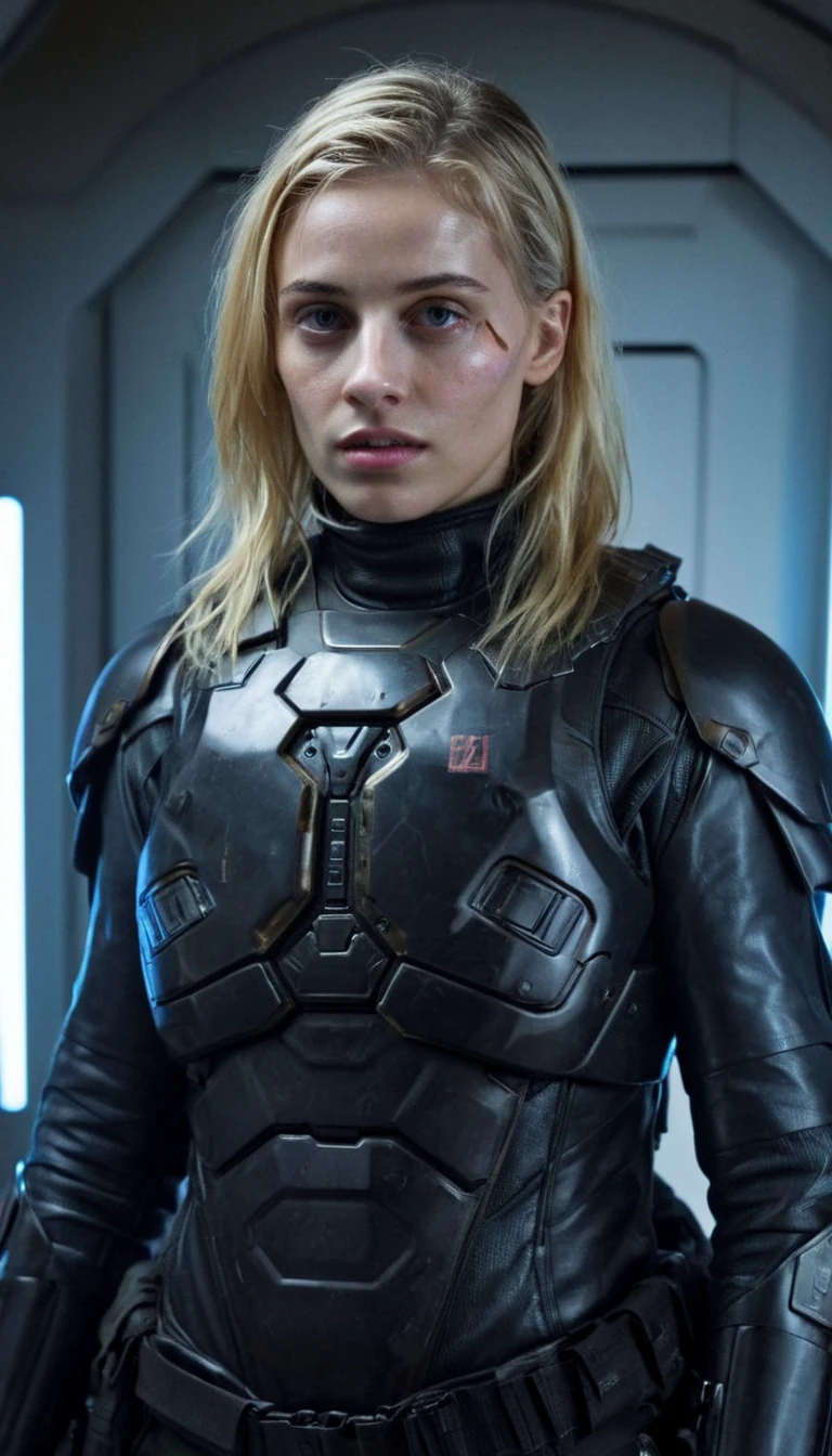 Science Fiction cinematic style stunning award winning portrait photo of a 23 year old blonde woman in futuristic tactical clothes getting ready for a mission,,anamorphic,distorted lense,chromatic aberration,volumetric lighting,cinematic,epic composition, <lora:5A120B7E26:0.7>