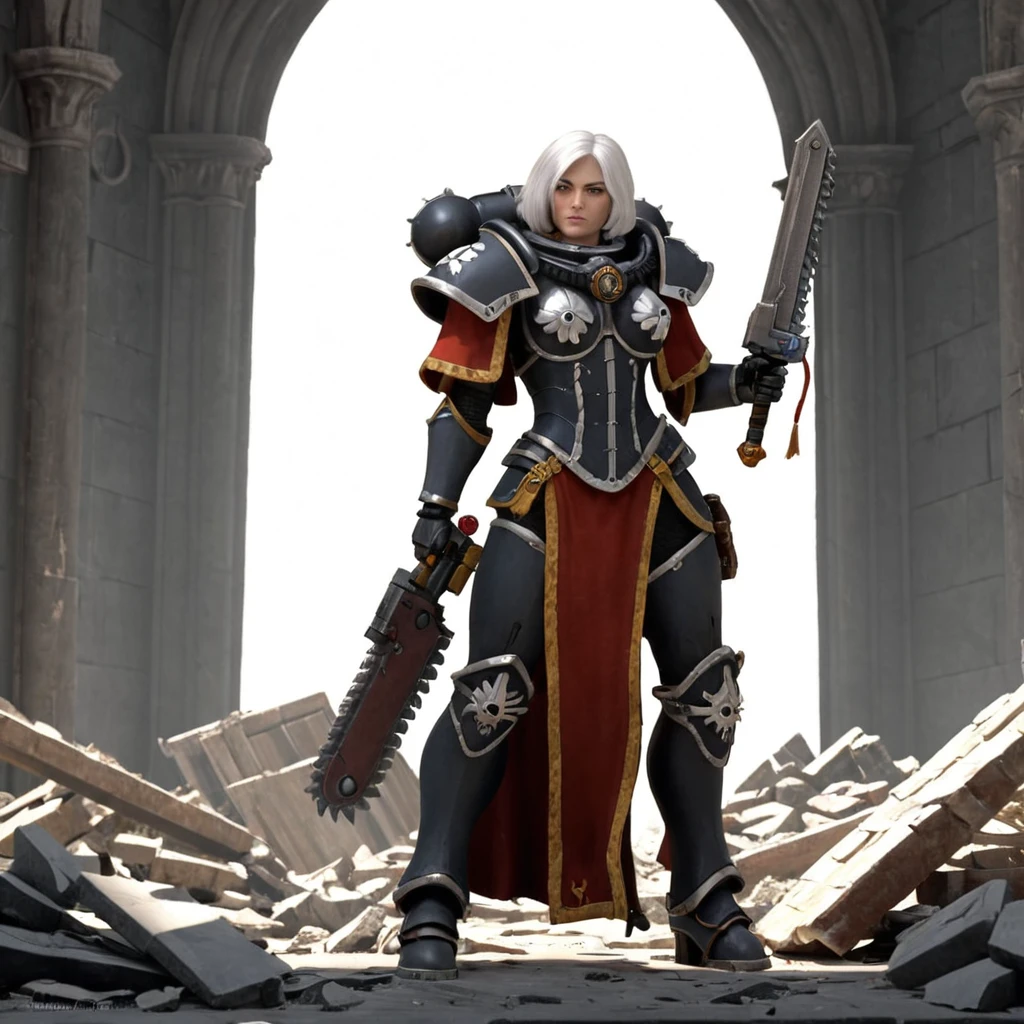 a adepta sororitas power armor, white hair, holding (a 40kchainsword) in her hands  ruined cathedral, fire, rubble, debris, benches, pulpit, altar,  High quality 3D rendering, fantasy, Pixar 3D character design style, ZBrush high-polygon modeling,