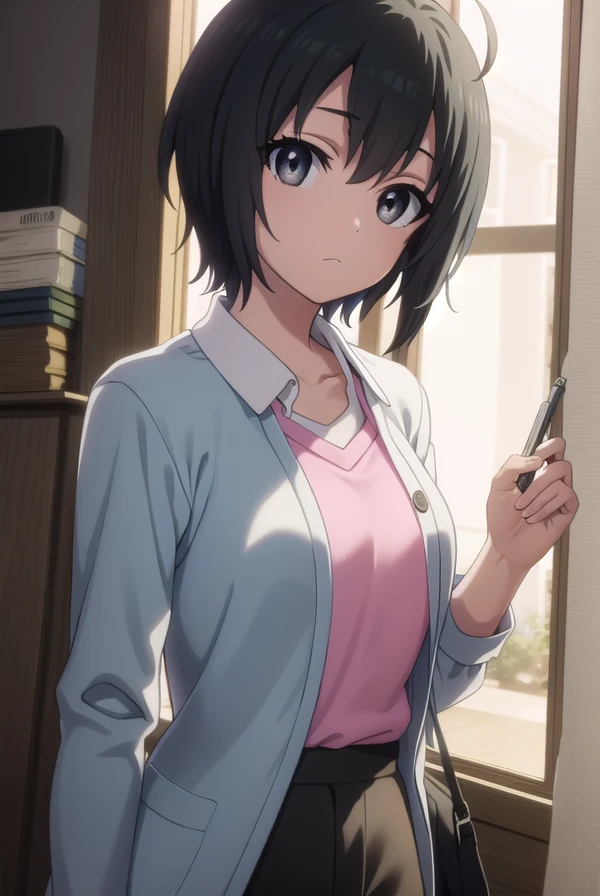 misatoudou, <lora:misa toudou s1-lora-nochekaiser:1>,
misa toudou, short hair, black hair, ahoge, (black eyes:1.3),
BREAK shirt, plaid shirt, open clothes, pink shirt, pants,
BREAK indoors, office,
BREAK looking at viewer, dynamic pose,
BREAK <lyco:GoodHands-beta2:1>, (masterpiece:1.2), best quality, high resolution, unity 8k wallpaper, (illustration:0.8), (beautiful detailed eyes:1.6), extremely detailed face, perfect lighting, extremely detailed CG, (perfect hands, perfect anatomy),