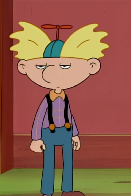 <lora:Arnie - Hey Arnold - 1996:1>, arnie_ha, yellow hair, propeller hat, pale blue shirt with yellow plaid, mouth, suspenders, upper body, <lora:LCM_SD15_2MB:1.0>