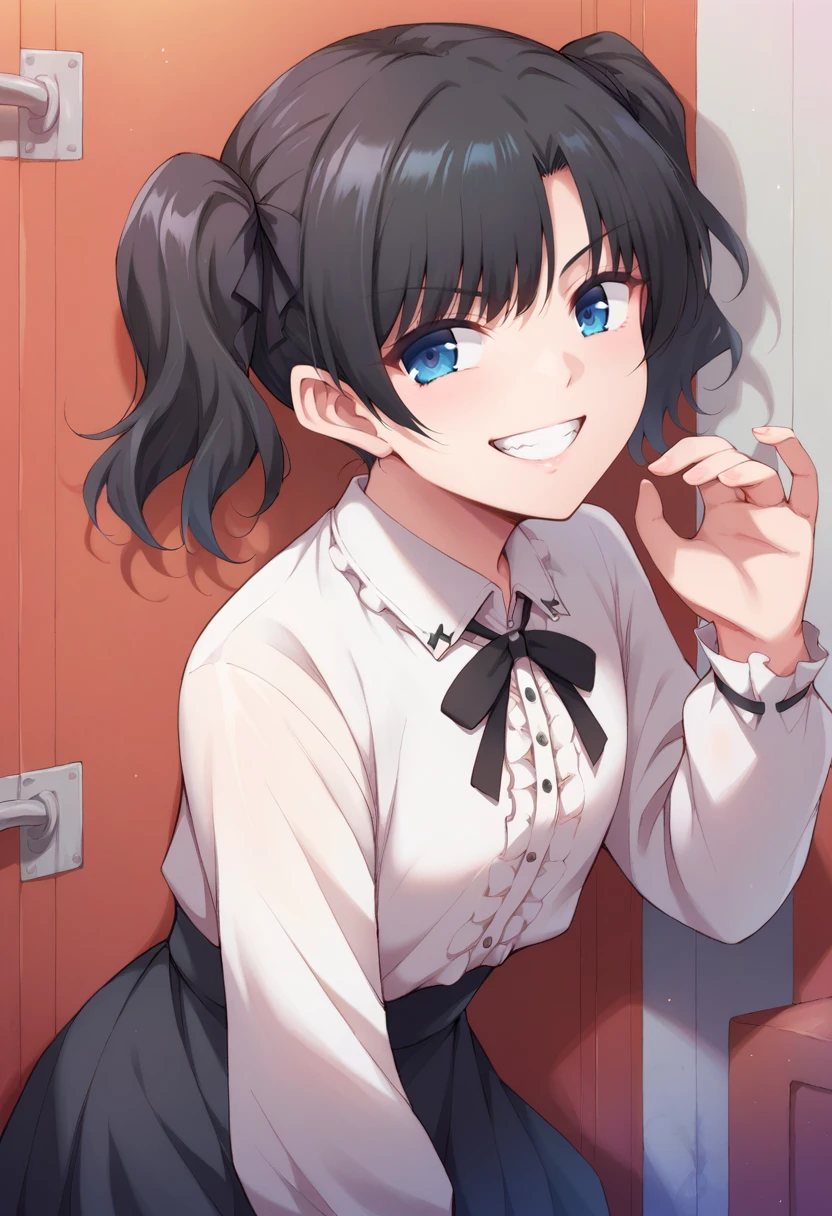 (8k、Best image quality、highest quality、masterpiece)、Detailed face、One girl、Black Hair、twintails、Light blue eyes、evil smile、((Grin))、Small breasts、((White collared shirt))、((Best))、A bow tie、((Black pleated skirt))、Cowboy Shot、Bedroom Background
