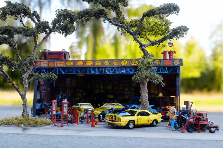 Toy repair shop,car,repair shop,tree,<lora:xiaorenï¼ä¿®çåææ-èªç»ï¼:1>,, masterpiece, best quality,