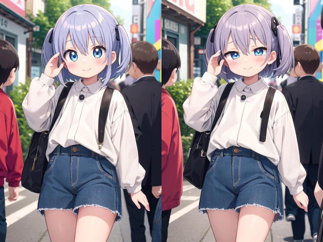 <lora:sensualface_type2_v2:1>
(cleavage:-1.5),insanely detailed, absurdres, ultra-highres, ultra-detailed, best quality,
1girl, solo, nice hands, perfect hands,
BREAK,
(wearing harajuku-style coordinate),
happy smile, laugh, closed mouth,
cute pose, cowboy shot,
BREAK,
slender, kawaii, perfect symmetrical face, ultra cute girl, ultra cute face, ultra detailed eyes, ultra detailed hair, ultra cute, ultra beautiful,
BREAK,
in harajuku, shibuya, tokyo, street, crowd, cityscape,
small breasts
BREAK,
(grey hair, blue eyes), hair between eyes