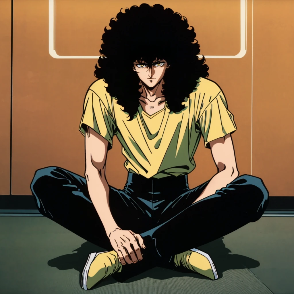 <lora:Asura001:0.7>,
retro artstyle,1980s (style),
Asura,1man,black hair,curly hair,yellow eyes,
yellow shirt,black pants,long legs,
full body,sitting,