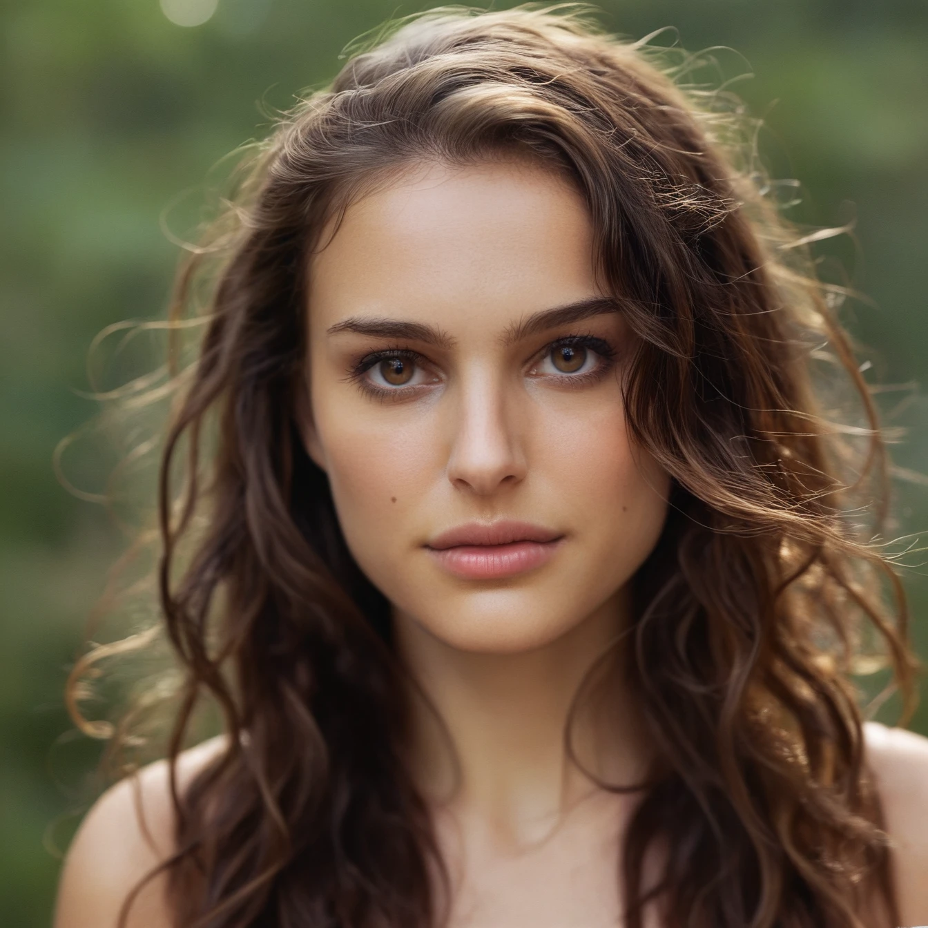 Skin texture, no makeup, Super high res closeup portrait photo of a woman outdoors with wavy long hair,f /2.8, Canon, 85mm,cinematic, high quality,looking at the viewer, <lora:natportman_2_xl_5_standard-merger_46_51_58_90_02_03_03_02:1>