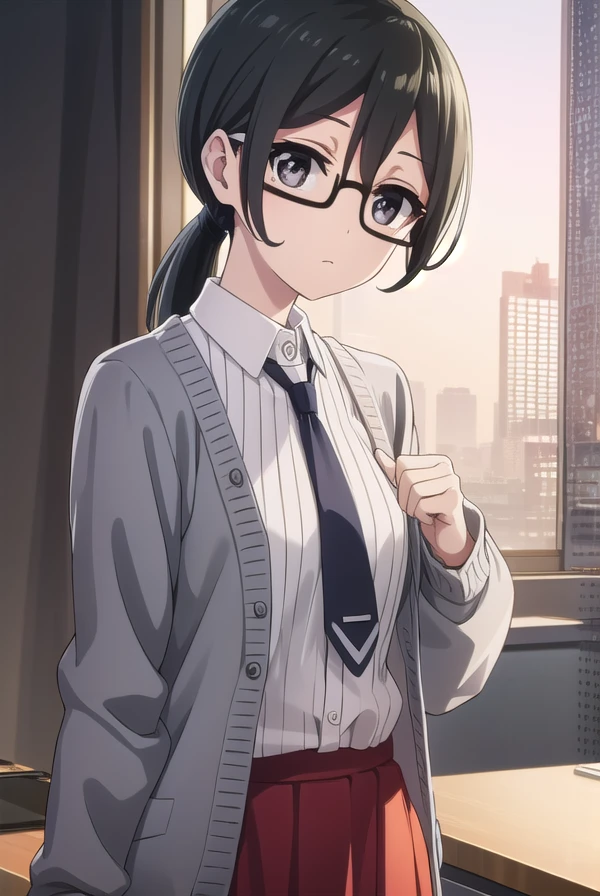 sarasatou, <lora:sara satou s1-lora-nochekaiser:1>,
sara satou, long hair, black hair, (black eyes:1.3), ponytail, glasses,
BREAK skirt, shirt, necktie, cardigan, long skirt, (red cardigan:1.2),
BREAK indoors, office,
BREAK looking at viewer, dynamic pose,
BREAK <lyco:GoodHands-beta2:1>, (masterpiece:1.2), best quality, high resolution, unity 8k wallpaper, (illustration:0.8), (beautiful detailed eyes:1.6), extremely detailed face, perfect lighting, extremely detailed CG, (perfect hands, perfect anatomy),