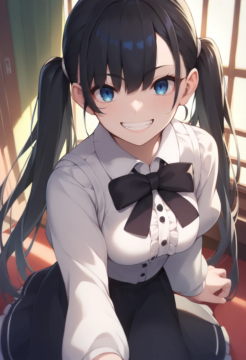 score_9, score_8_up, score_7_up, source_anime, 1girl,blue eyes,twintails, black hair, white blouse, black skirt, grin,looking at viewer, by nekodaruma <lora:Nekodaruma-Style-PonyXL:1>