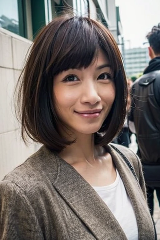 Best quality,masterpiece,ultra high res,(photorealistic:1.2),1girl,low key,slim body,taipei street alley,dynamic pose,face closeup,medium breasts,smile,<lora:nana_lee:1>,bob cut,brown hair,