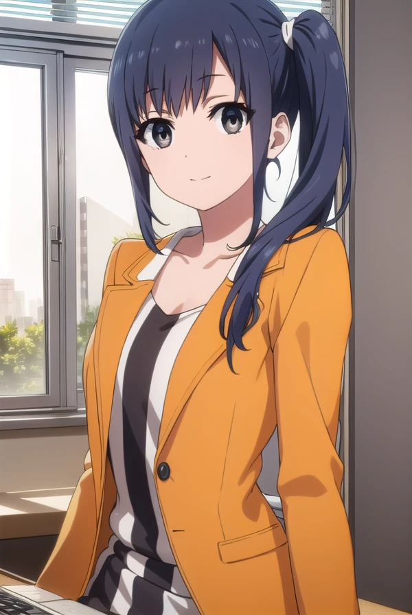 midoriimai, <lora:midori imai s1-lora-nochekaiser:1>,
midori imai, long hair, black hair, blue hair, (black eyes:1.3), side ponytail, smile,
BREAK dress, pantyhose, striped dress, jacket, orange jacket,
BREAK indoors, office,
BREAK looking at viewer, dynamic pose,
BREAK <lyco:GoodHands-beta2:1>, (masterpiece:1.2), best quality, high resolution, unity 8k wallpaper, (illustration:0.8), (beautiful detailed eyes:1.6), extremely detailed face, perfect lighting, extremely detailed CG, (perfect hands, perfect anatomy),