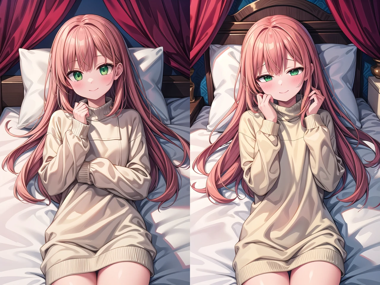 <lora:sensualface_type2_v2:1>
insanely detailed, absurdres, ultra-highres, ultra-detailed, best quality,
1girl, solo, adult, nice hands, perfect hands,
BREAK,
wearing sweater,(cleavage:-1.5),
happy smile, laugh, closed mouth,
(lying on bed), seductive pose, cowboy shot, from above,
BREAK,
slender, kawaii, perfect symmetrical face, ultra cute girl, ultra cute face, ultra detailed eyes, ultra detailed hair, ultra cute, ultra beautiful,
by Canon EOS, SIGMA Art Lens 35mm F1.4, ISO 200 Shutter Speed 2000,
elegant hotel room, closed curtains, antique interior, ultra detailed background,
cinematic light, indirect lighting, evening light, depth of field,
medium breasts, cleavage,
BREAK,
(orange medium hair, green eyes),