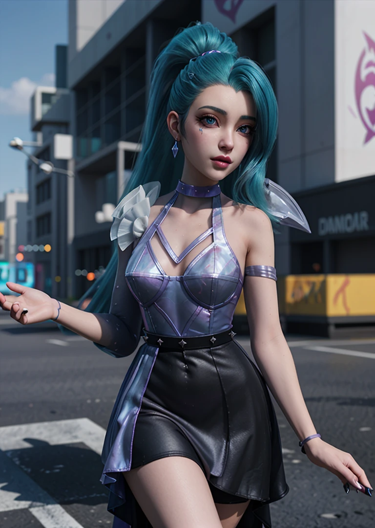 1girl, seraphinekda, aqua hair, long haired ponytail, ((official k/da_(league_of_legends))), ((k/da dress)), outdoors, city, road,